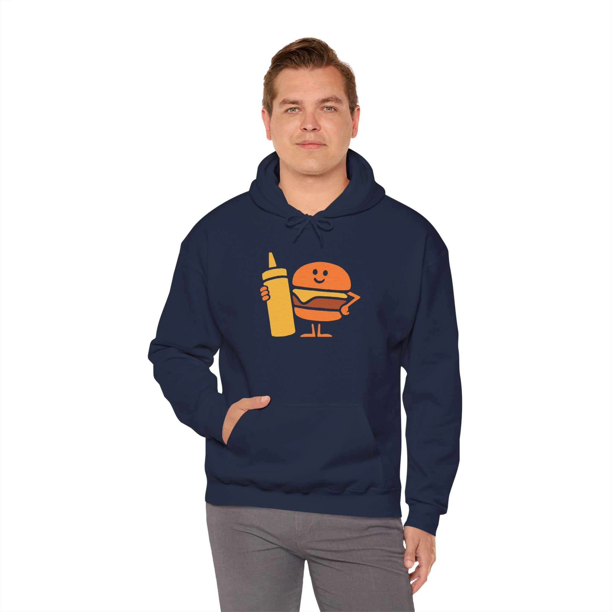 Funny Foodie Hoodie, Unisex Sweatshirt with Cartoon Burger and Mustard, Perfect for Food Lovers, Casual Wear, Gift Idea