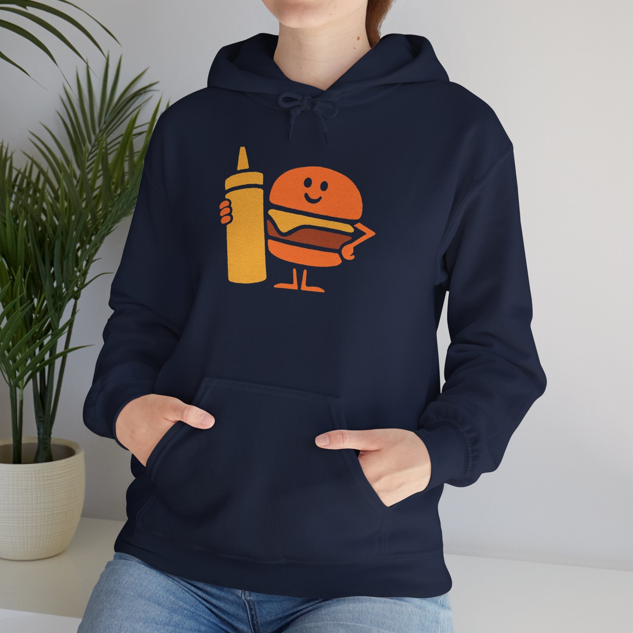 Funny Foodie Hoodie, Unisex Sweatshirt with Cartoon Burger and Mustard, Perfect for Food Lovers, Casual Wear, Gift Idea