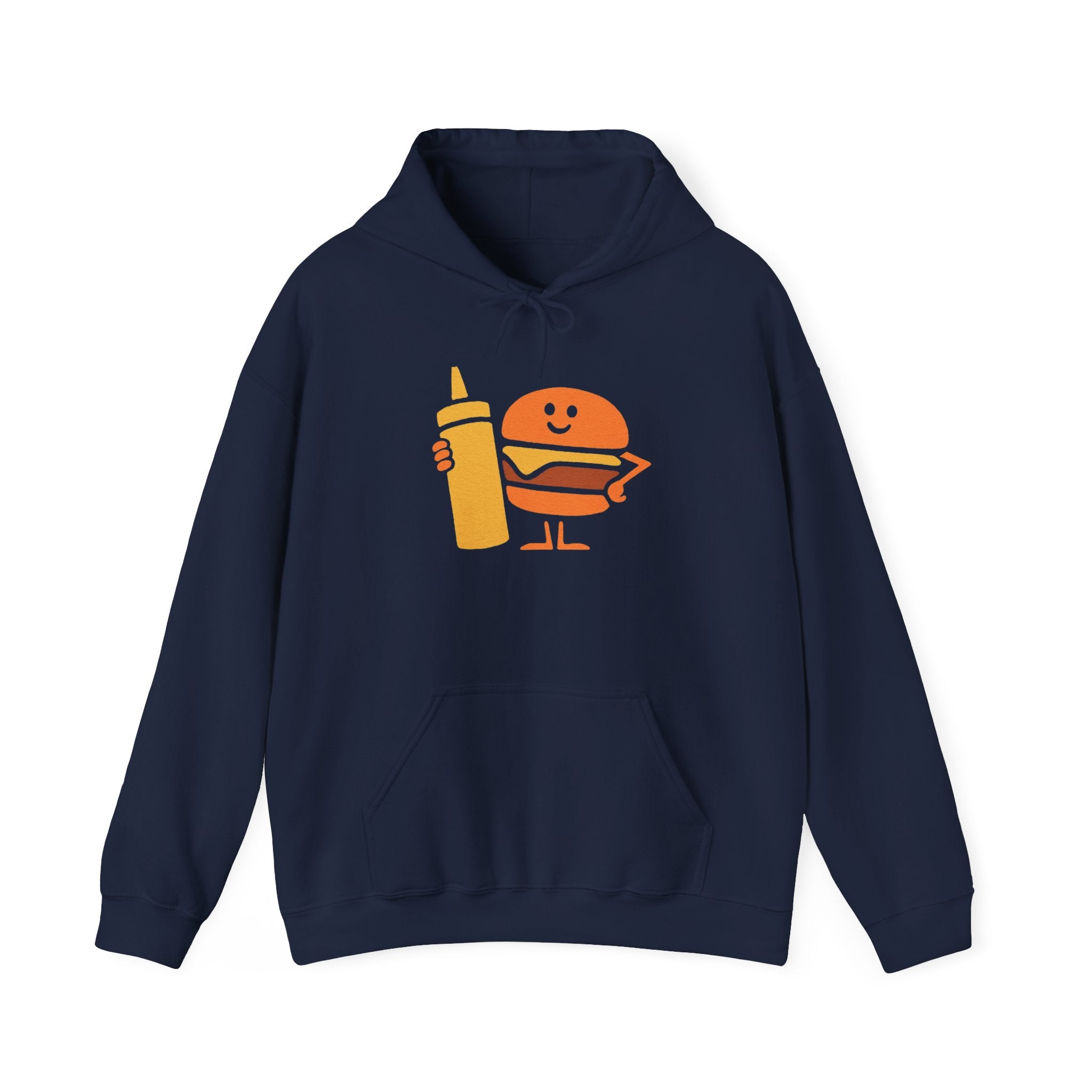 Funny Foodie Hoodie, Unisex Sweatshirt with Cartoon Burger and Mustard, Perfect for Food Lovers, Casual Wear, Gift Idea